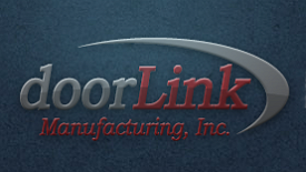 Doorlink Manufacturing logo. It has dark blue backgroud, the door is color gray, and the Link Manufacturing, Inc are all color red