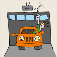 A man wearing a green shirt and driving an orange car. He's trying to open the gray garage door
