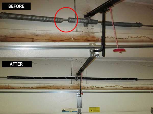 Before and after photos of a spring replacement for garage door service 
