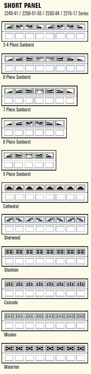 Different garage window options for garage doors with short panels