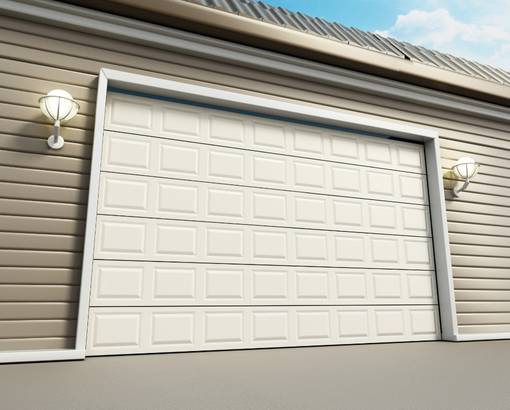 Beautiful white garage door with lights on the wall